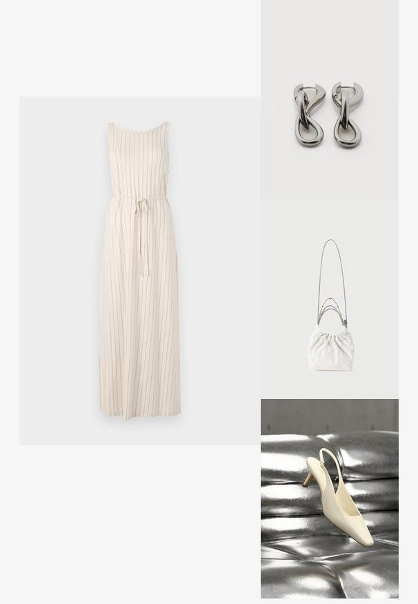 Lange beige jurk met verticale zwarte strepen, zonder mouwen, uitholling halslijn en een strikriem bij de taille. Lichtgewicht stof.; Crèmekleurige slingback kittenheel schoen met een vierkante neus, rustend op een glanzend zilverkleurig gewatteerd lederen oppervlak.; Witte gewatteerde handtas met een geplooide bovenkant, voorzien van gemengde kettingbanden in zilver en goud. Zachte textuur en compacte, afgeronde vorm.; Set zilverkleurige metalen oorbellen met een abstract ontwerp van in elkaar grijpende lussen op een witte achtergrond.