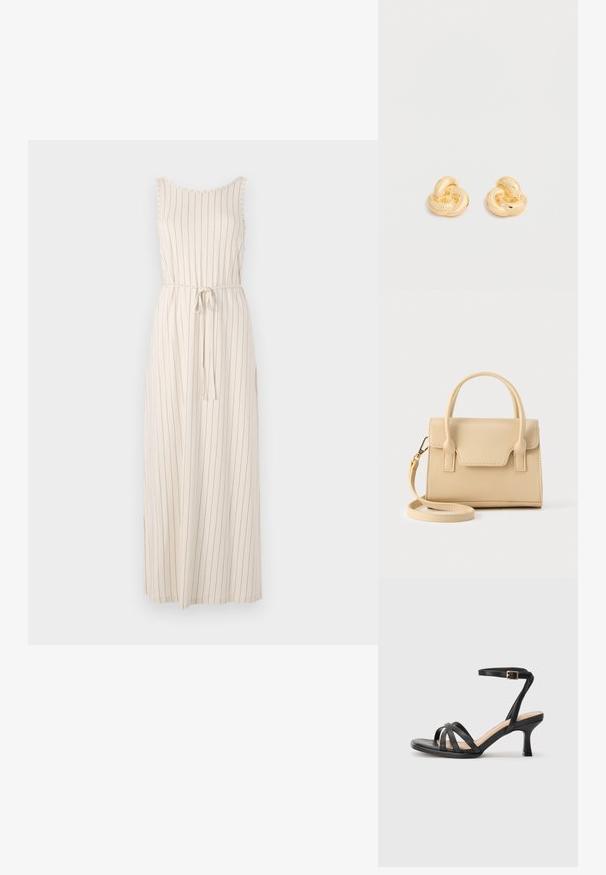 Largo vestido beige con rayas negras verticales, diseño sin mangas, escote en forma de barco y un cinturón de lazo en la cintura. Tela ligera.; Sandalias negras de tacón alto con múltiples tiras finas en la parte delantera, una sola tira en el tobillo con un hebilla dorada y punta cuadrada.; Bolso de mano de cuero beige con un diseño estructurado, que cuenta con un asa superior, correa desmontable y detalles cosidos.; Par de pendientes de botón en forma de nudo con acabado dorado brillante sobre un fondo blanco liso.