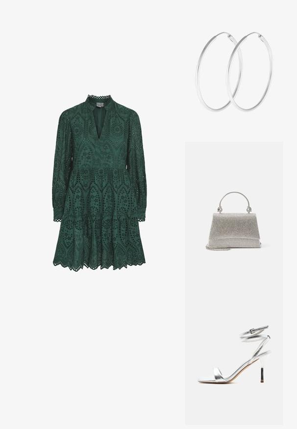 Grünes Spitzenkleid mit V-Ausschnitt, langen Ärmeln und einem mehrstufigen Rock. Verfügt über aufwendige Ausschnittmuster und gewellte Kanten entlang des Saums.; Silberne Sandale mit hohem Absatz und umlaufenden Riemen am Knöchel sowie dünnem Stiletto-Absatz, seitlich auf weißem Hintergrund gezeigt.; ALDO FELISIA - Handtasche - silver-coloured; Silberfarbene Creolen mit einer glatten, runden Form und einer polierten Oberfläche. Beide Ohrringe haben die gleiche Größe und verfügen über einen sicheren Verschlussmechanismus.