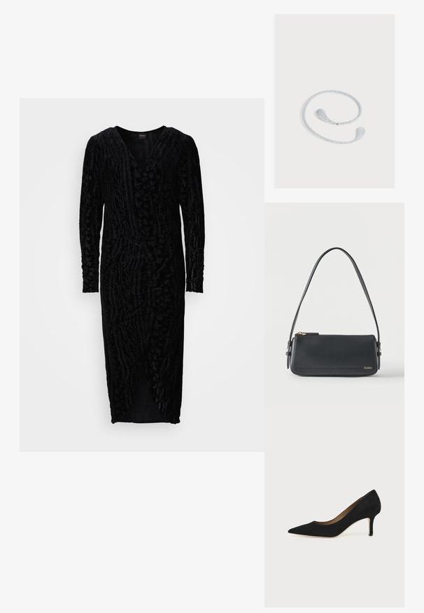 Vestido de terciopelo negro con un escote en V profundo, mangas largas y patrones de hojas texturizados. Presenta una abertura en la parte delantera y una silueta ajustada.; Salón de ante negro con punta puntiaguda, tacón de aguja delgado de altura media y diseño de corte bajo sobre un fondo liso.; Bolso de hombro rectangular de cuero negro con cremallera dorada y pequeño logo dorado "HUGO" en el frente, con una correa ajustable con hebilla.; Diadema flexible plateada con brillo y extremos en forma de gota, mostrada sobre un fondo gris claro.