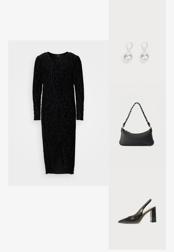 Vestido de terciopelo negro con un escote en V profundo, mangas largas y patrones de hojas texturizados. Presenta una abertura en la parte delantera y una silueta ajustada.; Zapato slingback de piel negra con puntera puntiaguda, tacón alto y ancho, y forro interior beige sobre un fondo claro y liso.; Bolso de hombro de cuero negro con forma rectangular curvada, cadena dorada entrelazada en una correa negra trenzada y cierre superior con cremallera.; Pendientes de plata en forma de gota con superficies redondas y reflectantes colgando de cierres de palanca. El fondo es blanco liso.