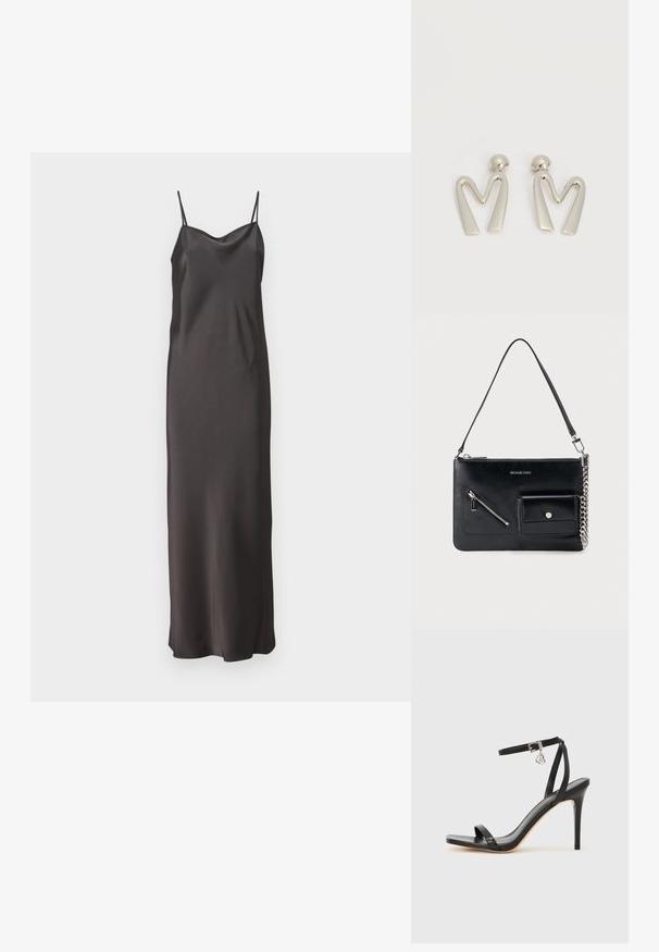 Schwarzes Satin-Nachthemd mit dünnen verstellbaren Trägern, einem tiefen V-Ausschnitt und einer geraden Silhouette, die bis zur Mitte der Waden reicht. Glatte Textur.; Schwarze High-Heel-Sandale mit schmalem Knöchelriemen, quadratischer Zehenbox, glattem Leder und metallischem Schnallenakzent.; Schwarze Michael Kors Leder-Umhängetasche mit oberem Reißverschluss, diagonalem Reißverschlussfach vorne, Klappentasche mit Druckknopf und silbernem Kettendetail.; Paar silberfarbene Metallohrringe in Form des kantigen Buchstabens M mit abgerundeten Stegen auf weißem Hintergrund.