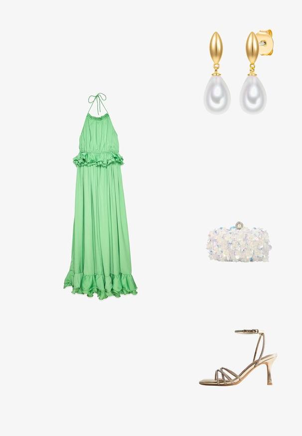 Robe maxi halter verte en tissu lisse, avec une taille et un ourlet volants, et une silhouette plissée et fluide.; Sandale à talon haut dorée avec des lanières fines ornées de strass au niveau des orteils et une sangle à la cheville avec fermeture à boucle.; Pochette blanche recouverte d'appliques florales irisées et d'accents en perles, avec une fermeture à fermoir perle sur le dessus.; Boucles d'oreilles en or à clous avec des dessus ovales lisses et une perle blanche en forme de goutte suspendue sous chaque clou.
