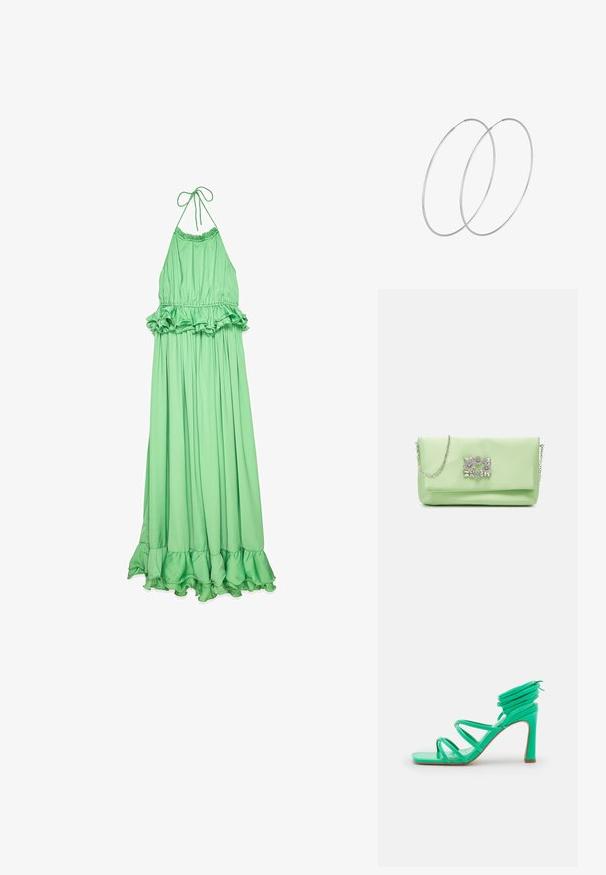 Groene halter maxi-jurk van gladde stof, met een ruches taille en zoom, en een vloeiende, geplooide silhouet.; NA-KD STRAPPY FUNNEL - Sandalen met hoge hak - green; Mascara Clutch - apple; Zilveren hoepel oorbellen met een minimalistisch ontwerp. Cirkelvormig, gladde textuur en dun profiel. Lichtgewicht met een gepolijste afwerking.