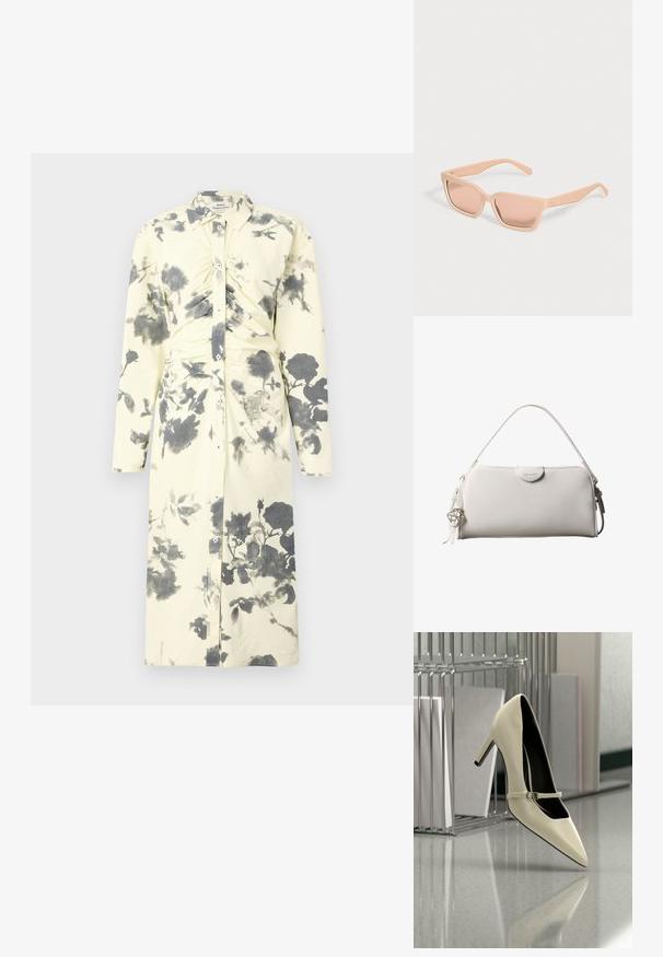Vestido de mangas largas y botones en suave tela amarilla con un estampado floral negro y detalles fruncidos en la cintura.; Zapato de tacón alto color crema con una correa delgada, colocado sobre un suelo reflectante cerca de un organizador de archivos metálico con papeles.; Gafas de sol rectangulares color melocotón claro con montura gruesa y lentes tintadas a juego sobre un fondo claro y liso.; Bolso rectangular blanco de Calvin Klein con un solo asa, diseño minimalista y borlas decorativas con un charm metálico geométrico en el lateral.