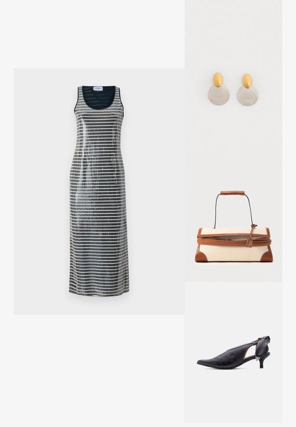 Vestido maxi sin mangas con rayas verticales en tonos azul marino y plateado, adornado con lentejuelas para añadir textura y brillo.; Zapato de tacón slingback de cuero negro con punta puntiaguda, detalles bordados y un tacón bajo tipo kitten, con un lazo acolchado y un adorno triangular plateado.; Bolso rectangular de lona beige con ribete de cuero marrón, asa superior y una correa enrollada alrededor del cuerpo con una etiqueta de cuero.; Pendientes de metal dorado y plateado con base de disco redondo y pieza superior ovalada, textura suave y acabado pulido.