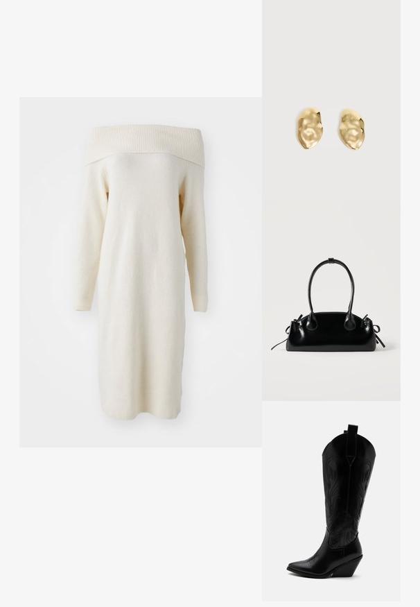 Robe en tricot crème décolletée avec des manches longues, un col côtelé et une texture douce, présentant une coupe droite et une longueur au genou.; Botte de cowboy en cuir noir avec bout pointu, talon bloc incliné, couture décorative et languettes en haut sur fond blanc.; Petit sac à main noir brillant avec deux longues anses et des détails à cordon sur les côtés sur un fond clair uni.; Paire de boucles d'oreilles en métal doré brillant, de forme irrégulière, avec une surface froissée et lisse sur un fond clair uni.