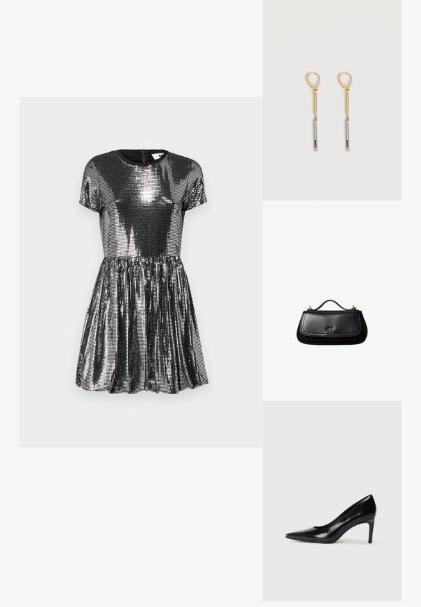 Kurzes schwarzes Kleid mit kurzen Ärmeln, das mit Pailletten bedeckt ist. Es hat einen ausgestellten Rock, einen runden Ausschnitt und einen Reißverschluss hinten. Glänzende und reflektierende Textur.; Schwarzer Lederhochschuh mit spitzem Zehenbereich, glatter Textur und schmalem Absatz. Minimalistisches Design, keine zusätzlichen Verzierungen.; Schwarze Lederhandtasche mit kleinem Griff, goldfarbenem "cK" Logo auf der Frontklappe und goldfarbenen Hardware-Akzenten.; Gold- und Silber-Tropfenohrringe mit Klappverschluss, bestehend aus einer Goldstange, die mit einer Silberstange verbunden ist, auf der "DKNY" eingraviert ist, vor weißem Hintergrund.