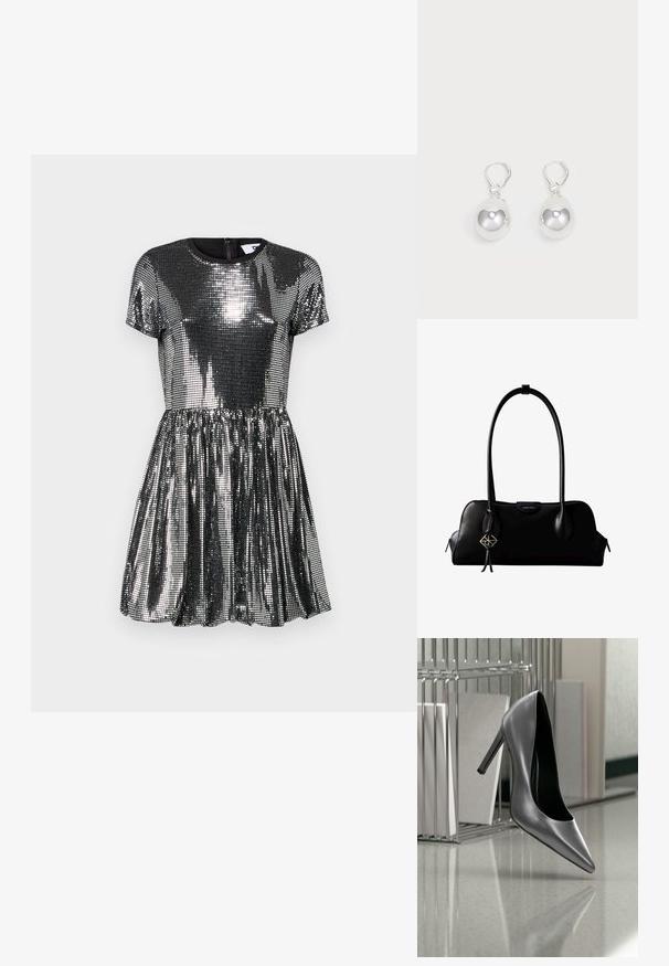 Vestido negro de manga corta cubierto de lentejuelas, con falda acampanada, escote redondo y cierre de cremallera en la parte posterior. Textura brillante y reflectante.; Zapato negro de tacón alto suspendido en el aire frente a un organizador metálico de archivos con carpetas sobre una superficie pulida.; Bolso de mano negro de cuero Calvin Klein con asas largas, una etiqueta con el logo frontal y un colgante geométrico plateado que cuelga de una de las asas.; Pendientes de plata en forma de gota con superficies redondas y reflectantes colgando de cierres de palanca. El fondo es blanco liso.