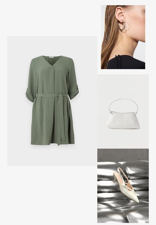 Hellgrünes Wickelkleid mit V-Ausschnitt, Dreiviertelärmeln und Gürtelschlaufe. Hergestellt aus strukturiertem Stoff, mit umgeschlagenen Manschetten und lockerer Passform.; Weißer Slingback-Kitten-Heel-Schuh mit Schnallenriemen, der auf einer glänzenden silbernen, lederbezogenen, gesteppter Oberfläche ruht.; Weiße gewebte Lederhandtasche mit abgerundetem Griff und verknoteten Riemenenden, vor schlichtem Hintergrund präsentiert.; Silberne Creolen mit polierter Oberfläche, die kleine goldene Akzentdetails und eine runde Form aufweisen, am Ohrläppchen getragen.