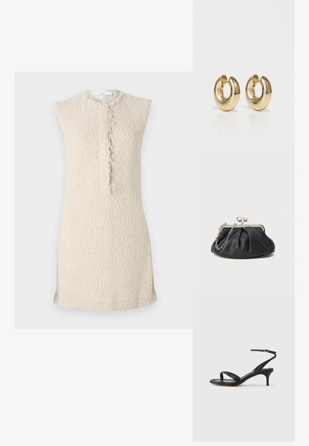 Robe sans manches beige en tissu tissé texturé. Présente une couture effilochée centrale pour les détails. Design minimaliste et coupe droite.; Sandale pour femme en cuir noir avec fines lanières, une boucle d'orteil, une boucle à la cheville et un talon aiguille de hauteur moyenne sur un fond neutre.; Porte-monnaie en cuir noir avec texture froncée, cadre en métal argenté, fermeture à verrouillage kiss-lock et bandoulière en chaîne. Surface lisse et douce.; Boucles d'oreilles créoles dorées avec une surface lisse et polie. Forme circulaire présentant une ouverture, mettant en valeur un design moderne.