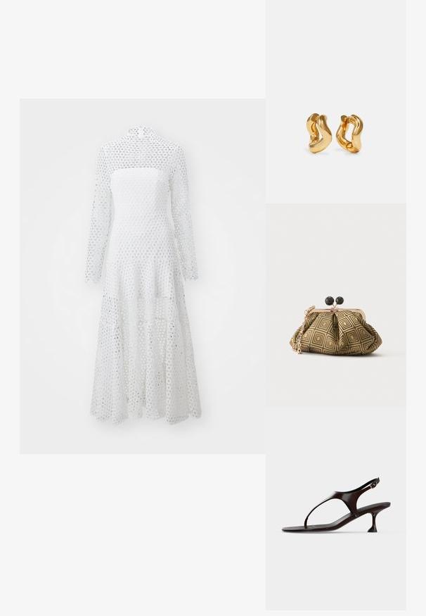 Robe blanche à manches longues et col haut, faite en tissu à motif de dentelle circulaire, avec un ourlet fluide et à volants.; Sandale slingback en cuir verni marron foncé avec petit talon et bride entre les orteils sur fond blanc.; Petite pochette avec motif géométrique doré et noir, cadre en métal doré, fermeture à boule noire et une courte chaîne dorée.; Boucles d'oreilles en forme de créoles dorées avec un design ondulé, présentant une surface lisse et brillante ainsi qu'une forme élégante. Sans fermoirs visibles.