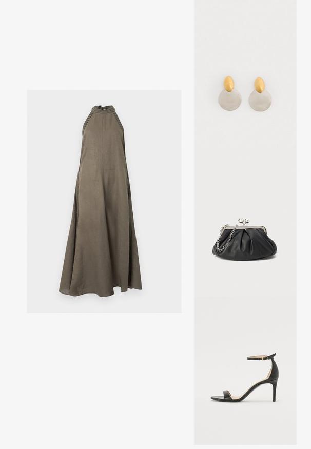 Robe longue sans manches vert olive avec un col montant et des détails cousus sur les côtés, réalisée en tissu léger.; Sandale à talons hauts en cuir noir avec une lanière de cheville. Présente une texture lisse, un bout ouvert et un talon fin. Détail de boucle en ton doré.; Porte-monnaie en cuir noir avec texture froncée, cadre en métal argenté, fermeture à verrouillage kiss-lock et bandoulière en chaîne. Surface lisse et douce.; Boucles d'oreilles en métal doré et argenté avec une base en disque rond et une pièce supérieure ovale, texture lisse et finition polie.