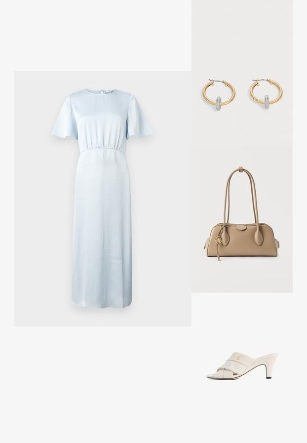 Vestido azul claro con escote redondo, mangas cortas tipo volante, cinturilla elástica y una silueta fluida hasta el suelo. Textura suave.; Mules de tacón alto beige con diseño de tira de cuero torcida, punta abierta y detalle de logotipo en relieve. El tacón tiene un detalle en punta negra.; Bolso beige con textura de cuero suave. Forma redondeada, dos asas largas y un detalle de herrajes dorados en el cierre de cremallera.; Par de pendientes de aro en tono dorado con pequeño detalle de aro en tono plateado en cada uno, expuestos sobre un fondo gris claro.