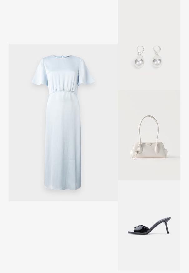 Vestido azul claro con escote redondo, mangas cortas tipo volante, cinturilla elástica y una silueta fluida hasta el suelo. Textura suave.; Sandalias de tacón con punta abierta de charol negro, con un diseño superior curvado y tacón de aguja cónico. Acabado liso y brillante.; Bolso pequeño de cuero blanco con dos asas largas, charm de logo plateado y cierre de cremallera en cada lado, sobre un fondo blanco liso.; Pendientes de plata en forma de gota con superficies redondas y reflectantes colgando de cierres de palanca. El fondo es blanco liso.