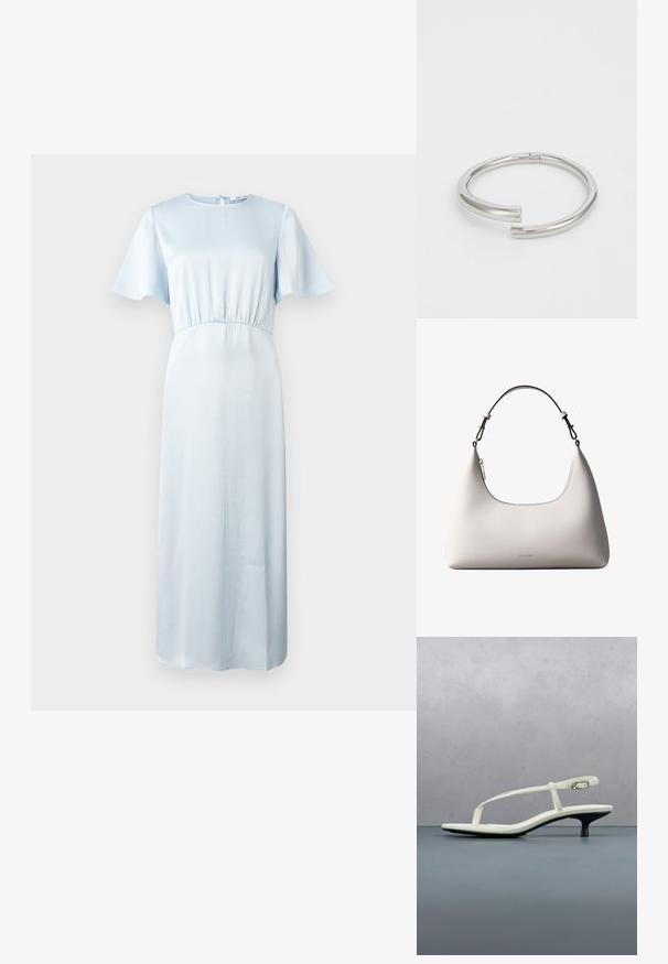 Vestido azul claro con escote redondo, mangas cortas tipo volante, cinturilla elástica y una silueta fluida hasta el suelo. Textura suave.; Sandalia blanca de tacón kitten con tiras y punta afilada, flotando sobre un suelo de baldosas de madera al aire libre, con un fondo desenfocado de plantas y pared.; Bolso de hombro de cuero color crema de Calvin Klein con borde superior curvado, cremallera plateada y correa ajustable marrón oscuro.; Calvin Klein SPIRAL - Pulsera - silver-coloured