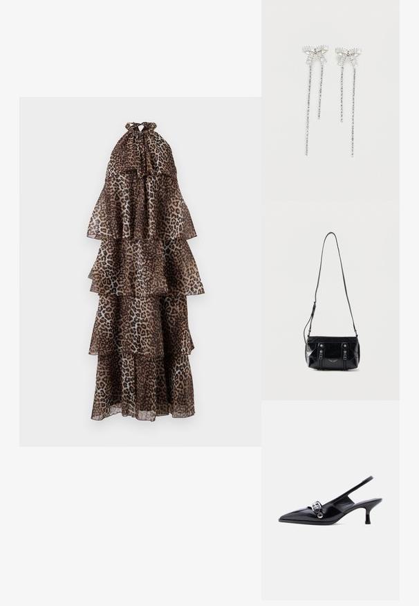 Vestido maxi de estampado de leopardo con capas en volantes, hecho de una tela translúcida, con cuello halter y bordes con volantes. Los tonos tierra dominan el diseño.; Zapato de charol negro con talón bajo tipo slingback, punta puntiaguda y detalle de hebilla plateada sobre fondo blanco liso.; Bolso de hombro de cuero negro con correa ajustable, dos cremalleras verticales frontales y un pequeño emblema metálico de ala debajo de las cremalleras.; Pendientes largos de plata que presentan un conjunto de pedrería en la parte superior y tiras colgantes de pedrería más pequeña debajo.