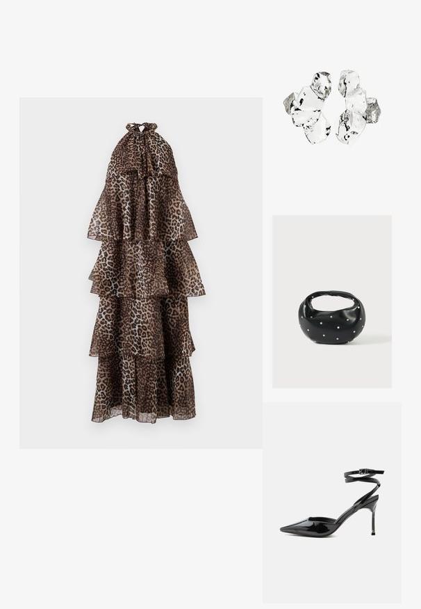 Maxi-jurk met luipaardprint, voorzien van gelaagde tiers, gemaakt van doorschijnende stof, met een halternek en geplooide randen. Aardetinten domineren het ontwerp.; Zwarte lakleren pumps met spitse neus, hoge naaldhak, dunne enkelbandjes en een kleine gesp.; Zwarte leren handtas met een afgeronde vorm, versierd met zilveren studs, en een korte handgreep. Gladde textuur en ritsluiting.; Cluster van zes onregelmatig gevormde, doorschijnende en reflecterende glasachtige stukken die zijn gerangschikt op een witte achtergrond.