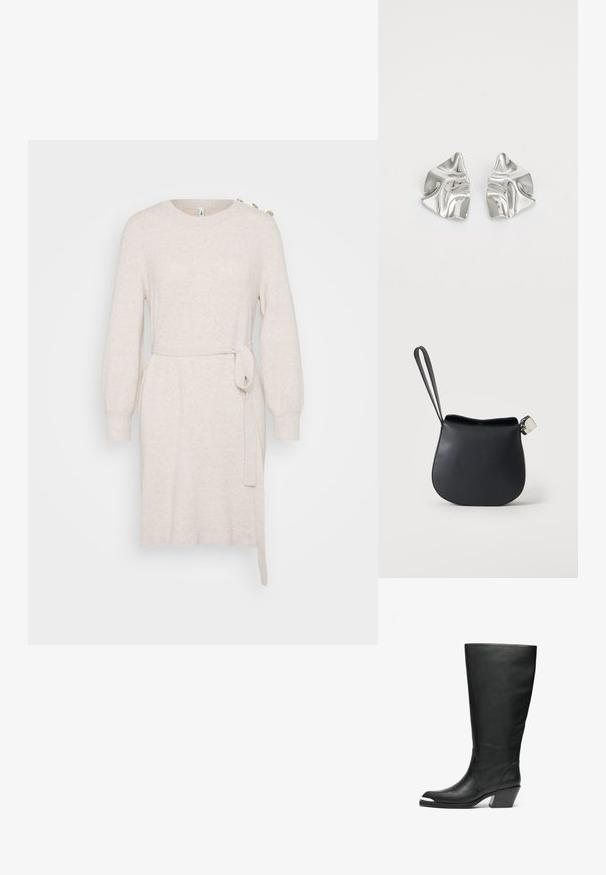 Beige Strickkleid mit rundem Ausschnitt, langen Ballonärmeln, Taillengürtel und seitlichem Schlitz. Verfügt über dekorative Knöpfe an der Schulter.; Hohe schwarze Lederstiefel mit geschlossener Zehe und Ausschnittdesign. Sie haben einen klobigen Absatz und eine glatte Textur. Auffällige seitliche Paneeldetails.; Schwarze Leder-Handgelenktasche mit abgerundetem Boden und silbernem Verschluss auf schlichtem weißem Hintergrund.; Silberne Metallohrringe mit einem wellenförmigen, skulpturalen Design, das eine polierte Oberfläche und unregelmäßige Formen aufweist, die eine zeitgenössische Ästhetik betonen.