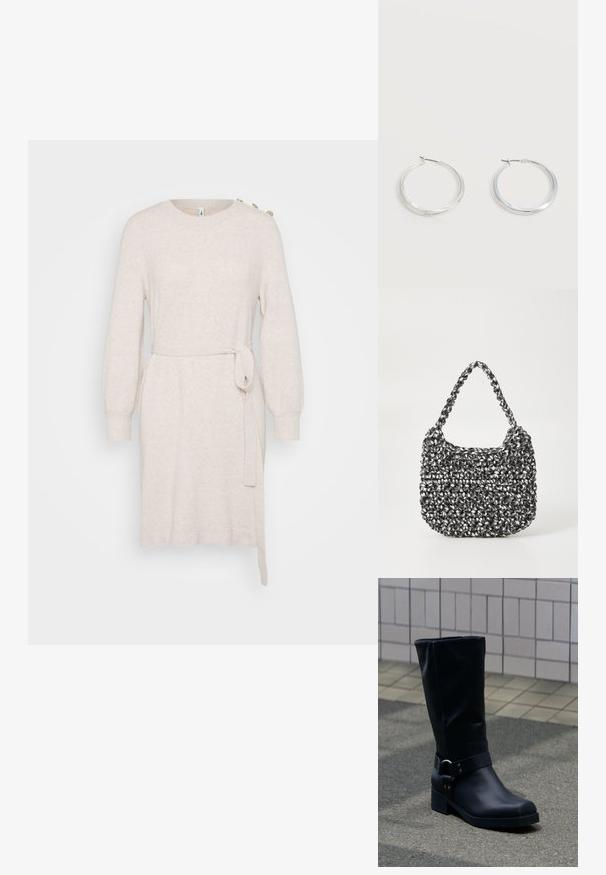 Beige Strickkleid mit rundem Ausschnitt, langen Ballonärmeln, Taillengürtel und seitlichem Schlitz. Verfügt über dekorative Knöpfe an der Schulter.; Schwarzer Lederstiefel bis zur Mitte der Wade mit niedrigem Blockabsatz und dekorativem Riemen mit Metallschnalle um den Knöchel, auf einem gefliesten Gehweg.; Gewebte Handtasche in Schwarz und Weiß mit runder Form, strukturiertem Oberflächenfinish und geflochtener Grifffläche. Geeignet für den lässigen Gebrauch.; Silberne Metallcreolen mit glatter, leicht gebogener Oberfläche und Klappverschluss vor schlicht weißem Hintergrund.