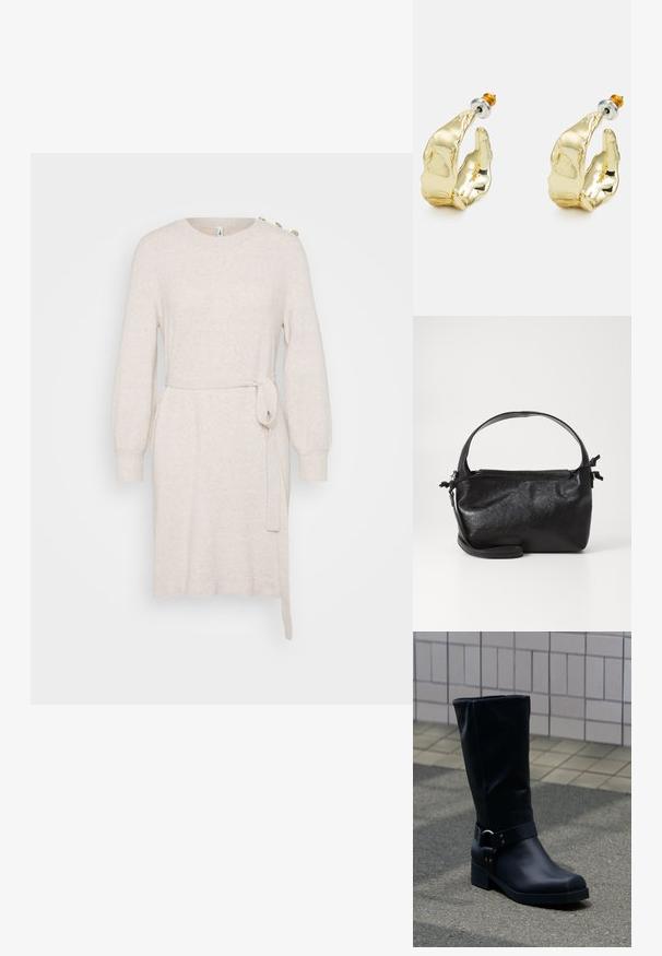 Robe en tricot beige avec un col rond, de longues manches ballon, une ceinture à la taille et une fente sur le côté. Comprend des boutons décoratifs à l'épaule.; Botte en cuir noire mi-mollet avec un petit talon bloc et une bride décorative avec boucle métallique autour de la cheville, sur un trottoir carrelé.; Sac à main en cuir noir au design structuré, avec une poignée arrondie et une bandoulière amovible. Présente une texture lisse et un éclat subtil.; Boucles d'oreilles dorées en forme de mains abstraites, avec une surface brillante, des détails complexes et un fermoir en argent et or pour un maintien sécurisé.
