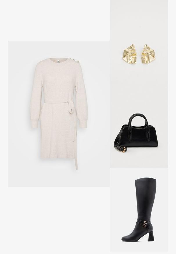 Vestido de punto beige con escote redondo, mangas largas de globo, cinturón en la cintura y abertura lateral. Presenta botones decorativos en el hombro.; Bota de cuero negro hasta la rodilla con punta afilada, dos correas decorativas con hebillas doradas y un tacón grueso y texturizado.; Bolso de cuero negro con doble asa y una correa de hombro desmontable con hebilla dorada, sobre un fondo blanco liso.; Pendientes metálicos dorados con un diseño ondulado; superficie lisa y reflectante; forma asimétrica; sin patrones o elementos visibles.