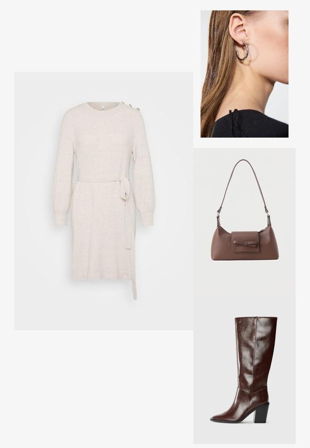 Beige Strickkleid mit rundem Ausschnitt, langen Ballonärmeln, Taillengürtel und seitlichem Schlitz. Verfügt über dekorative Knöpfe an der Schulter.; Hohe, dunkelbraune Lederstiefel mit einer spitzen Zehe und einem gestapelten Blockabsatz, seitlich vor einem schlichten Hintergrund dargestellt.; Braune Leder-Umhängetasche mit einer vorderen Klappentasche, die ein gestepptes Schleifendetail und einen verstellbaren Riemen aufweist.; Silberne Creolen mit polierter Oberfläche, die kleine goldene Akzentdetails und eine runde Form aufweisen, am Ohrläppchen getragen.