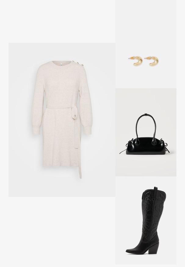 Beige Strickkleid mit rundem Ausschnitt, langen Ballonärmeln, Taillengürtel und seitlichem Schlitz. Verfügt über dekorative Knöpfe an der Schulter.; Schwarze kniehohe Stiefel aus Leder mit spitz zulaufender Zehenpartie und gestapeltem Absatz. Verfügt über dekorative Nähte und geschwungene Designelemente.; Kleine schwarze glänzende Handtasche mit zwei langen Griffen und seitlichen Kordelzug-Details vor einfachem hellem Hintergrund.; Goldene, mondförmige Ohrringe mit glatter Oberfläche, die orangefarbene Akzente nahe dem Stecker und silberne Beschläge aufweisen.
