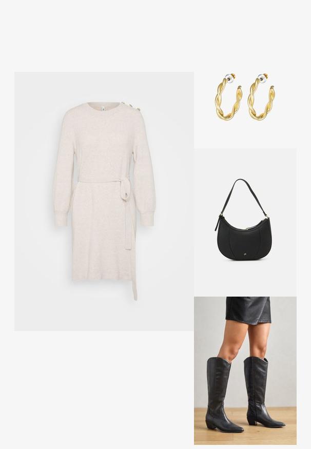 Vestido de punto beige con escote redondo, mangas largas de globo, cinturón en la cintura y abertura lateral. Presenta botones decorativos en el hombro.; Botas negras hasta la rodilla, hechas de cuero suave, con punta afilada, tacón bajo cuadrado y cremallera lateral para facilitar el uso.; Bolso de mano de cuero negro con forma curva, superficie texturizada, costuras frontales y un logo en tono dorado. Cuenta con una sola correa ajustable.; Pendientes de aro retorcidos en oro con una superficie lisa, que cuentan con un respaldo transparente y herrajes en tono dorado.