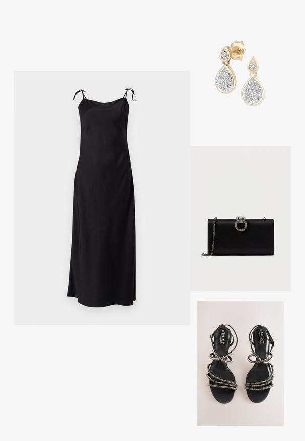 Vestido negro midi con finas tirantes ajustables, tela suave, corte recto y abertura lateral para facilitar el movimiento. Sin patrones discernibles.; Sandalias negras con tiras y detalles metálicos. Cuentan con una plantilla de textura suave y múltiples tiras decoradas que crean una apariencia en capas.; Bolso de mano de satén negro con un cierre circular en tono plateado adornado con strass, cuenta con una correa de cadena desmontable.; Pendientes en forma de lágrima con un marco dorado y acentos plateados, adornados con múltiples piedras redondas brillantes en una disposición decorativa.