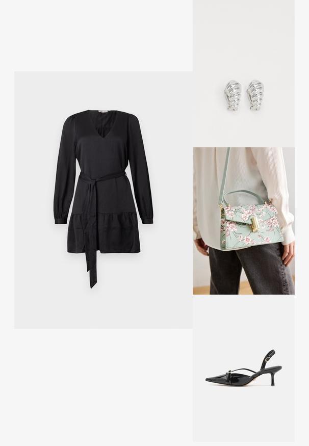 Vestido negro con escote en V, mangas largas y cinturón anudado. Presenta un volante fruncido en el dobladillo para mayor textura. Acabado de tela suave.; ALDO MARIETTA PILLOW WALK - Tacones - black; Bolso de mano con estampado floral en verde menta, de forma estructurada, con detalles en oro y un asa superior. El diseño presenta flores rosas y hojas verdes.; Pendientes de clip plateados con un diseño en espiral, que presentan una textura metálica suave y formas redondeadas. Sin adornos ni patrones visibles.