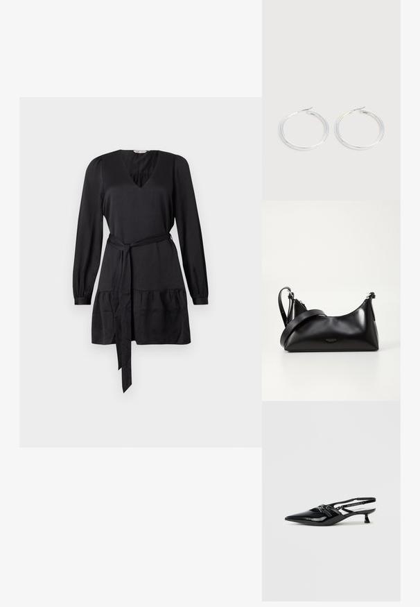 Vestido negro con escote en V, mangas largas y cinturón anudado. Presenta un volante fruncido en el dobladillo para mayor textura. Acabado de tela suave.; Zapato slingback de charol negro con puntera puntiaguda, tacón pequeño de bloque y correa ajustable con detalles recortados y acentos de logotipo.; Bolso de mano de cuero negro con una textura suave. Cuenta con una correa ajustable y un diseño elegante y minimalista con cierre de cremallera.; Pareja de pendientes de aro plateados brillantes con cierres de alambre delgado, mostrados sobre un fondo gris claro.
