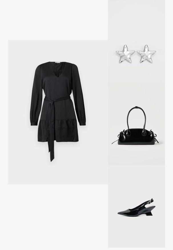 Vestido negro con escote en V, mangas largas y cinturón anudado. Presenta un volante fruncido en el dobladillo para mayor textura. Acabado de tela suave.; Zapato slingback de cuero charol negro con puntera puntiaguda y tacón bajo en bloque inclinado sobre fondo claro liso.; Pequeño bolso negro brillante con dos asas largas y detalles de cordón lateral sobre un fondo claro liso.; Pendientes en forma de estrella plateada con una superficie pulida y brillante. Cada pendiente presenta cinco puntas y sutiles detalles de textura en la superficie.