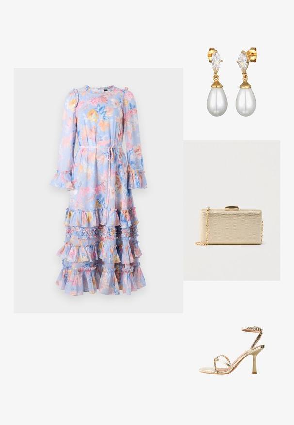 Blomstretdrag i lyseblå med lange ærmer, rynkede ærmer og tiered frills. Har en taljebånd og et livligt blomsterdesign i pastelfarver.; Guld metallic højhælede sandal med en slank ankelrem og krydsede frontbånd. Glat tekstur og design med tynd stilethæl.; Rektangulær clutch i guldfarve med tekstureret overflade, guldlås på toppen og en tynd guldkæde som rem, sat mod en ensfarvet baggrund.; Guldtonede øreringe har en marquise-slebet klar krystal øverst på en dråbeformet hvid perle. Glat tekstur med poleret finish.