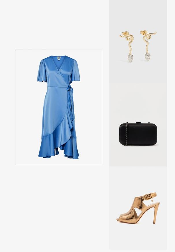 Blaues Satin-Wickeldress mit kurzen, schwingenden Ärmeln, einem V-Ausschnitt, einem Bindeband in der Taille und einem geschliffenen Saum für zusätzliche Textur.; Goldene Sandale mit hohem Absatz, strukturierter Oberfläche, offenem Zehenbereich, ausgeschnittenen Seiten und verstellbarem Knöchelriemen mit kleinem Charmeverschluss.; Schwarze rechteckige Clutch aus glattem Material. Verfügt über einen abnehmbaren Kettenriemen und einen metallischen Verschluss oben. Einfaches Design mit abgerundeten Kanten.; Goldene Ohrringe mit einem spiralförmigen Design, das eine tropfenförmige Silhouette zeigt, verziert mit funkelnden klaren Kristallen. Mit sicherem Postverschluss.