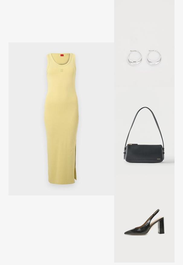 Robe longue jaune sans manches avec encolure ronde, fente latérale et logo "HUGO" en relief discret sur la poitrine.; Chaussure slingback en cuir noir à bout pointu avec un talon bloc haut et une doublure intérieure beige sur un fond clair uni.; Sac à bandoulière rectangulaire en cuir noir avec fermeture éclair dorée et petit logo "HUGO" doré sur le devant, doté d'une sangle réglable avec boucle.; Boucles d'oreilles en argent avec une finition polie et un branding DKNY, présentées sur un fond blanc uni.