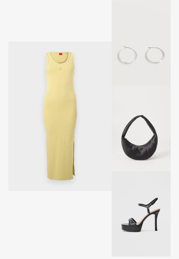 Robe longue jaune sans manches avec encolure ronde, fente latérale et logo "HUGO" en relief discret sur la poitrine.; Sandales à plateforme noires avec un talon haut stilettos, dotées d'une tige en cuir lisse, d'un bout ouvert et d'une bride de cheville ajustable avec ferrures.; Sac à main en satin noir avec une forme courbée, doté d'une fermeture à glissière et d'un logo triangulaire en métal à l'avant. Texture lisse et design épuré.; Boucles d’oreilles créoles en métal argenté avec une surface lisse légèrement incurvée et des fermoirs à clapet sur un fond blanc uni.