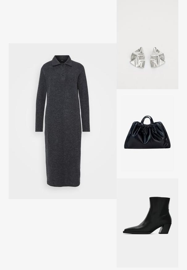 Robe noire à manches longues en tissu texturé, avec un col et une patte de boutonnage à trois boutons, d'une coupe droite jusqu à l'ourlet.; Bottine en cuir noir avec un bout pointu, une silhouette élégante et un talon carré massif. Texture lisse avec des détails de couture minimalistes.; Sac à main en cuir noir avec haut froncé, petites poignées doubles et fermeture par cordon noué au centre devant sur fond blanc.; Boucles d'oreilles en métal argenté avec un design ondulé et sculptural, présentant une finition polie et des formes irrégulières, mettant en valeur une esthétique contemporaine.