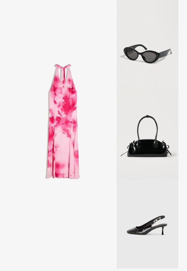 Longue robe dos-nu avec motif tie-dye rose et rouge, décolleté en V plongeant et fermeture à nouer dans le dos.; Chaussure slingback en cuir verni noir avec bout pointu, boucle argentée et talon kitten de hauteur moyenne sur un fond clair uni.; Lunettes de soleil noires à forme œil de chat surdimensionnée. Montures en plastique lisse avec des verres foncés et de petits accents étoilés sur les côtés.; Petit sac à main noir brillant avec deux longues anses et des détails à cordon sur les côtés sur un fond clair uni.