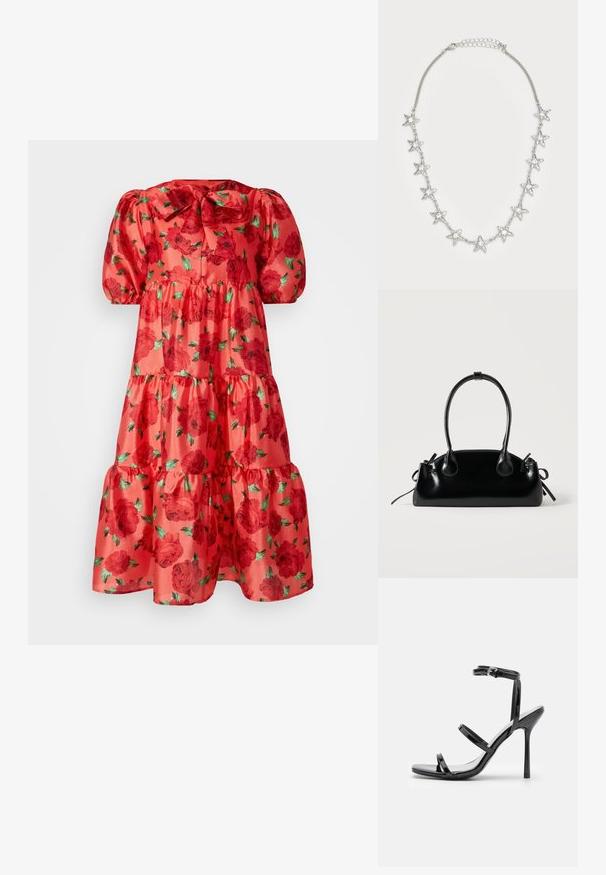 Cras DRESS - Φόρεμα ημέρας - coral; Μαύρες πατεντέ δερμάτινες σανδάλια με ψηλό τακούνι, τρία οριζόντια λουριά και ρυθμιζόμενο λουρί στον αστράγαλο. Κομψό σιλουέτα και γυαλιστερό φινίρισμα.; Μικρή μαύρη γυαλιστερή τσάντα με δύο μακριές λαβές και λεπτομέρειες με ρυθμιζόμενο κορδόνι στο πλάι σε απλό ανοιχτό φόντο.; Ασημένια αλυσίδα κρεμαστάρι με έντεκα charms σε σχήμα αστεριού, το καθένα με ένα διάφανο κεντρικό πολύτιμο λίθο και ρυθμιζόμενο κλείσιμο.