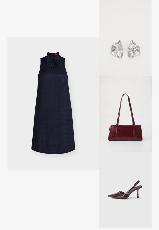 Robe sans manches bleu marine texturée avec un col montant et un grand nœud au niveau du col, présentée sur fond blanc.; Escarpin slingback en cuir verni bordeaux avec bout pointu, fine bride à la cheville et petit détail décoratif de boucle. Texture lisse et talon haut.; Sac à main bordeaux en matériau brillant, de forme rectangulaire, avec deux anses et des accents légèrement courbés à l'avant.; Boucles d'oreilles en métal argenté avec un design ondulé et sculptural, présentant une finition polie et des formes irrégulières, mettant en valeur une esthétique contemporaine.