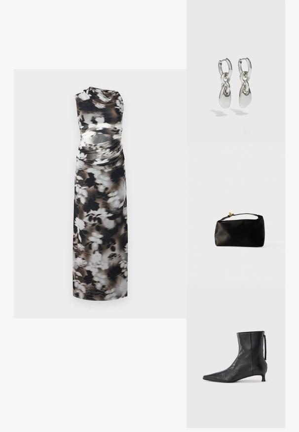 Maxi kjole i blødt stof med et sort, hvidt og gråt blomsterprint. One-shoulder design med rynkedetaljer ved taljen.; Sort læderankelstøvle med spids tå, struktureret form og lav hæl. Har en sidesyning og minimalistisk design.; Sort satinpung med en afrundet form, et håndtag i toppen og en guldaccentlås. Glat tekstur med et minimalistisk design.; Sølvøreringe med forlængede ovale led, der har en poleret overflade og en struktureret dråpevedhæng. Enkel design med glatte kanter.