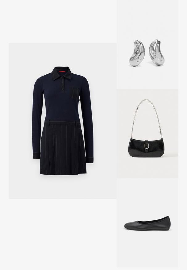 Robe polo marine à manches longues, texture côtelée, fermeture à boutons et poche sur la poitrine ; la jupe présente des rayures verticales et des plis.; Ballerines en cuir noir avec un bout rond, texture lisse, détails de couture minimalistes et design de semelle flexible.; Sac à épaule en cuir verni noir avec détail de boucle argentée et bandoulière en chaîne argentée, présenté sur un fond uni clair.; Boucles d'oreilles en argent en forme de créoles avec une finition incurvée et brillante, et un design sans couture. Équipées d'une fermeture à charnière pour un port sécurisé.