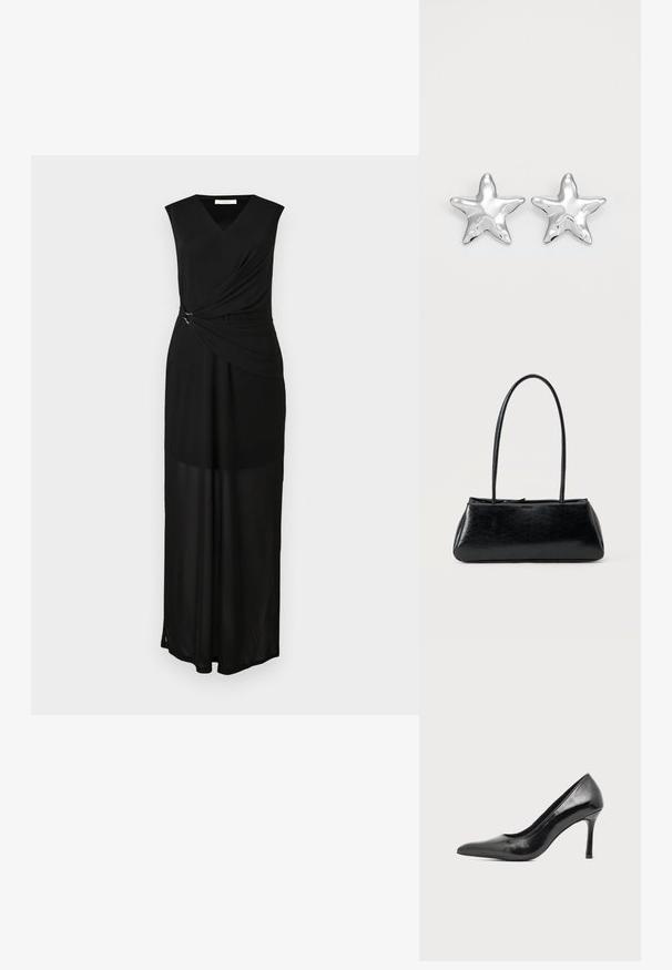 Vestido maxi sin mangas negro con escote en V, tejido drapeado y acento de herrajes plateados en la cintura. Textura suave y diseño fluido.; Zapato de tacón alto de mujer en piel negra patentada, con punta puntiaguda y tacón delgado, sobre un fondo claro y liso.; Bolso de hombro rectangular negro con correas largas y delgadas y una textura lisa y brillante sobre un fondo liso.; Pendientes en forma de estrella plateada con una superficie pulida y brillante. Cada pendiente presenta cinco puntas y sutiles detalles de textura en la superficie.