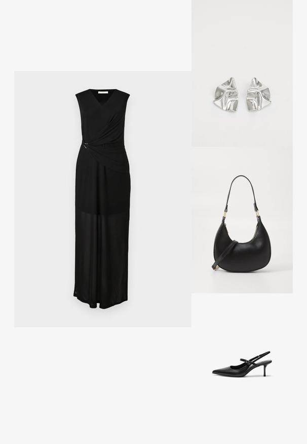 Schwarzes ärmelloses Maxikleid mit V-Ausschnitt, drapiertem Stoff und silbernen Hardware-Akzenten an der Taille. Sanfte Textur und fließendes Design.; Schwarze Leder Slingback-Absätze mit einer spitzen Zehenform, schmalem verstellbarem Riemen und einem etwa 5 cm hohen Stiletto-Absatz, glatte Textur.; Schwarze Lederhandtasche mit geschwungener Form, ausgestattet mit einem oberen Reißverschluss, einem kurzen Griff und einem abnehmbaren Schulterriemen. Goldene Hardware-Akzente.; Silberne Metallohrringe mit einem wellenförmigen, skulpturalen Design, das eine polierte Oberfläche und unregelmäßige Formen aufweist, die eine zeitgenössische Ästhetik betonen.