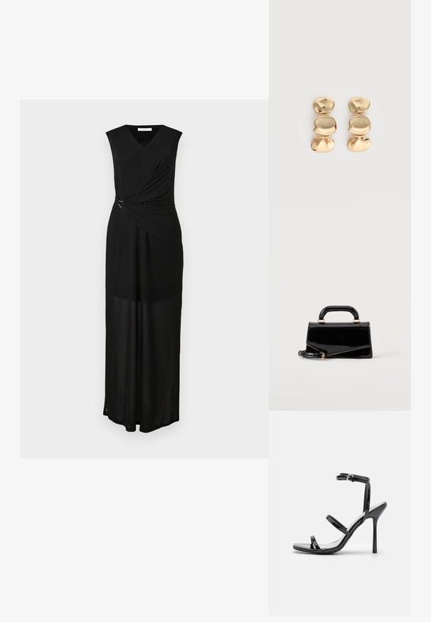 Schwarzes ärmelloses Maxikleid mit V-Ausschnitt, drapiertem Stoff und silbernen Hardware-Akzenten an der Taille. Sanfte Textur und fließendes Design.; Schwarze Lackleder-High-Heel-Sandalen mit drei horizontalen Riemen und einem verstellbaren Knöchelriemen. Schlanke Silhouette und glänzende Oberfläche.; Schwarze glänzende rechteckige Handtasche mit oberem Griff, goldener Hardware und abnehmbarem Riemen, auf hellem einfarbigem Hintergrund platziert.; Ohrhänger in Goldoptik mit drei unregelmäßigen, glatten, abgerundeten Segmenten, die vertikal auf einem schlichten, hellen Hintergrund gestapelt sind.