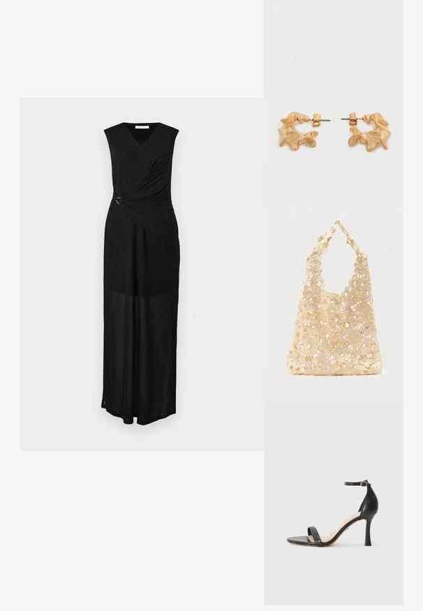Zwart mouwloos maxi-jurk met een V-hals, gedrapeerde stof en zilveren hardware accent bij de taille. Gladde textuur en vloeiende design.; Zwarte leren hoge hak sandaal met dunne enkelband, open teen en een elegante, gebogen hak. Geverfde zool en minimalistisch ontwerp.; Beige gehaakte boodschappentas met open bloemmotief, met grote en kleine bloemen en een enkele lusvormige handgreep.; Oorbellen in goudkleur met een abstracte, organische vorm, voorzien van een gestructureerd oppervlak en een sluiting met oorstekers.