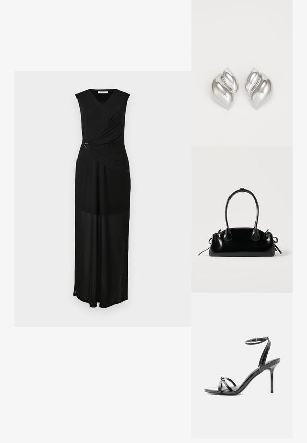 Vestido maxi sin mangas negro con escote en V, tejido drapeado y acento de herrajes plateados en la cintura. Textura suave y diseño fluido.; Sandalia de tacón alto de charol negro con tiras finas que cruzan los dedos y una correa con hebilla en el tobillo sobre un fondo blanco.; Pequeño bolso negro brillante con dos asas largas y detalles de cordón lateral sobre un fondo claro liso.; Pendientes de plata con una forma orgánica y abstracta. Superficie lisa y brillante con un diseño cónico. Presentan suaves curvas y un detalle de línea central.
