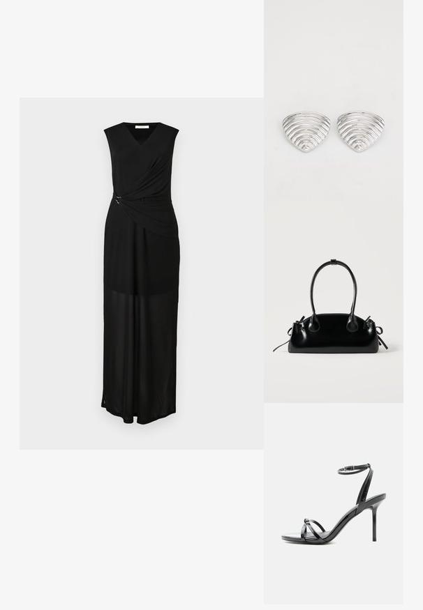 Schwarzes ärmelloses Maxikleid mit V-Ausschnitt, drapiertem Stoff und silbernen Hardware-Akzenten an der Taille. Sanfte Textur und fließendes Design.; Schwarze Sandale aus Lackleder mit hohen Absätzen, dünnen Riemen über den Zehen und einem Knöchelriemen mit Schnalle auf weißem Hintergrund.; Kleine schwarze glänzende Handtasche mit zwei langen Griffen und seitlichen Kordelzug-Details vor einfachem hellem Hintergrund.; Ohrringe in Silberoptik mit einem wellenförmigen, strukturierten Design, das wie überlappende Halbmonden geformt ist; die polierte Oberfläche verstärkt die reflektierenden Eigenschaften.