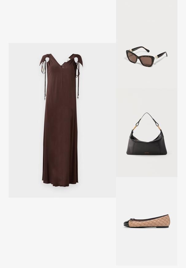 Bruine midi-jurk met een V-hals, geplooide schouderdetails en strikjes aan de mouwen. Glad materiaal met een vloeiende silhoutte. Geen zichtbare patronen.; Pretty Ballerinas Ballerina's - black/beige; Bruine schildpaddenstijl zonnebril met een rechthoekige vorm, bruin getinte glazen en gouden accenten met een kristaldetail op de pootjes.; Zwarte leren schoudertas met gouden beslag en korte band, gebogen bovenkant en kleine gouden merknaam "Vanessa Bruno" aan de voorkant.